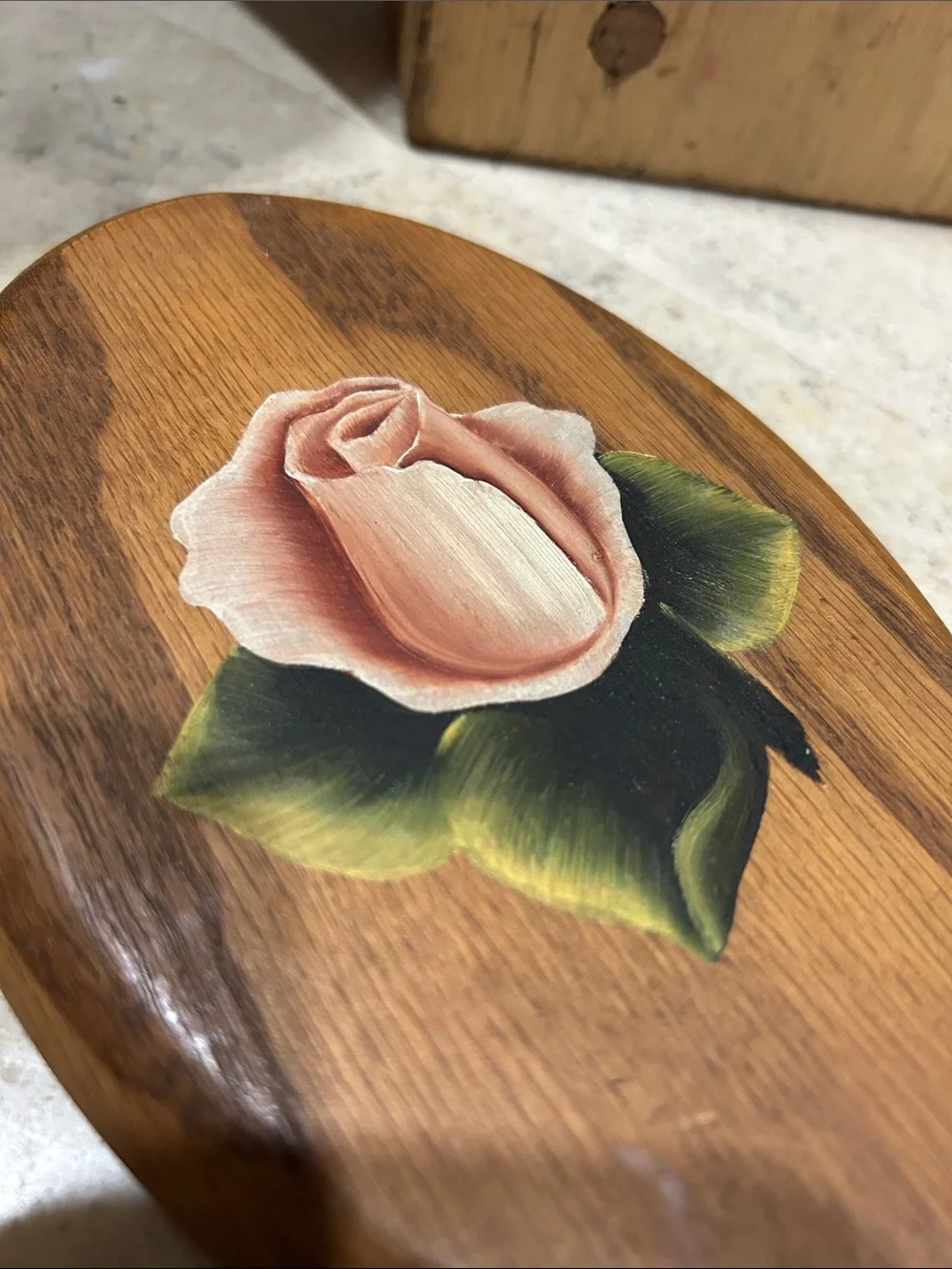 Vintage Hand-Painted Pink Rose Wooden Hand Mirror